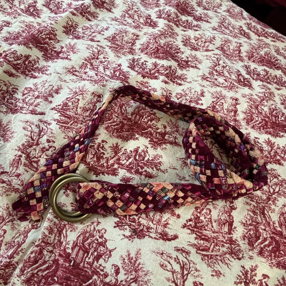 Large Upcycled Woven Boho Tapestry Textiles Belt, Dark Pinks, Double loop buckle